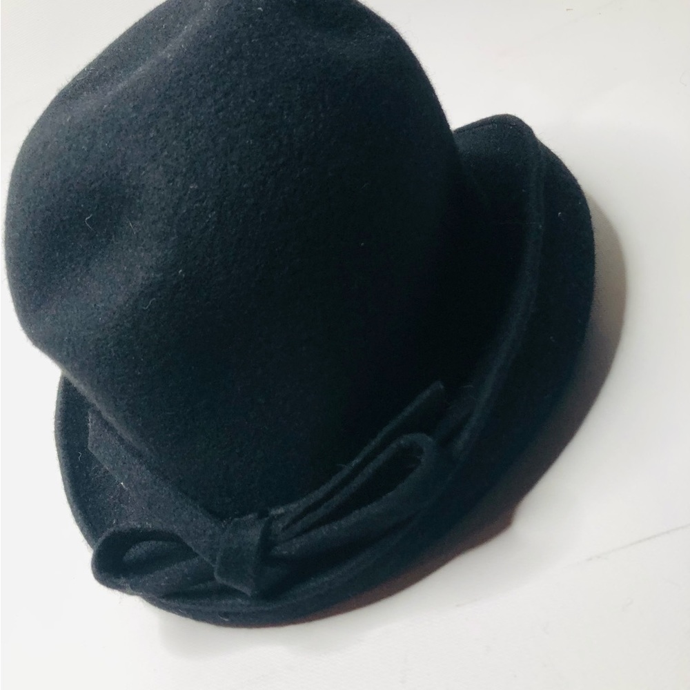 VTG 60s Lancaster Black Derby Cloche Hat Ladies Retro ChaplinStyle Bow 100%Wool
